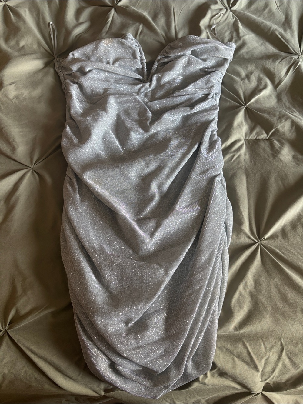 Fashion Nova Glitter Strapless Ruched Cocktail Dress in Silver